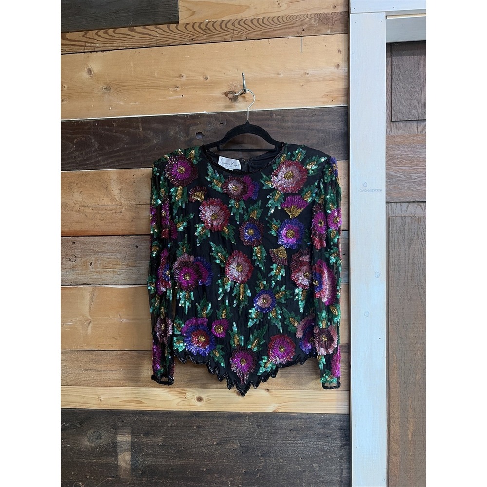 Vintage Lawrence Kazar Top Womens Silk Sequins Long Sleeve Scalloped Hem Medium